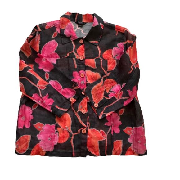 Toni Morgan Blouse Top Black Pink Orange Floral 3/4 Sleeve Button Front Large - Picture 9 of 11